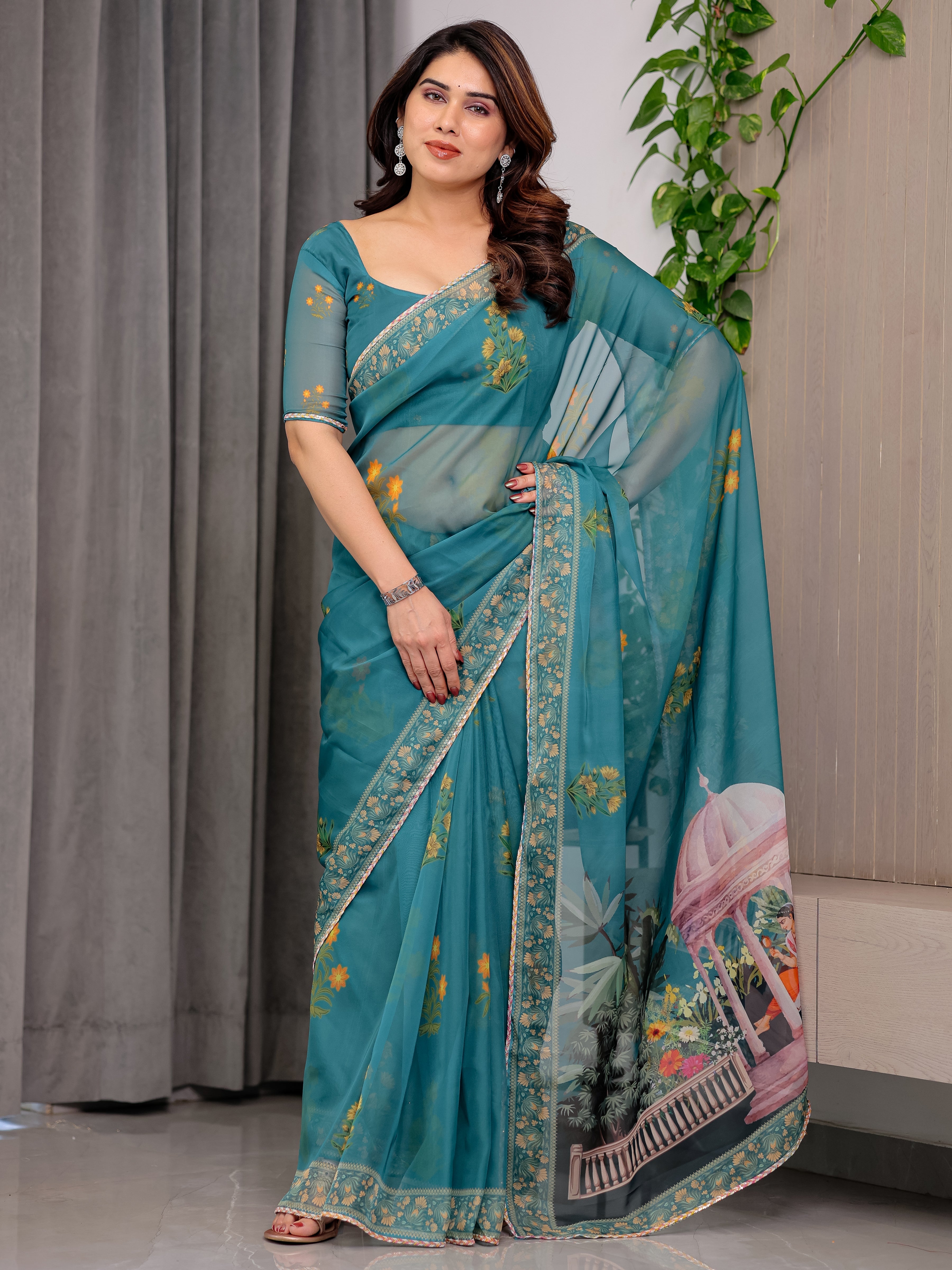 Teal Green Scenic Printed Organza Saree with Garden Pavilion Artwork Pallu | Designer Lightweight Organza Saree with Floral Motifs & Decorative Border | Festive & Party Wear Saree with Blouse Piece