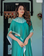 Emerald Green Satin Georgette Designer Saree with Striped Mandala Detail & Mint Textured Blouse | Handsfree Pallu Loop
