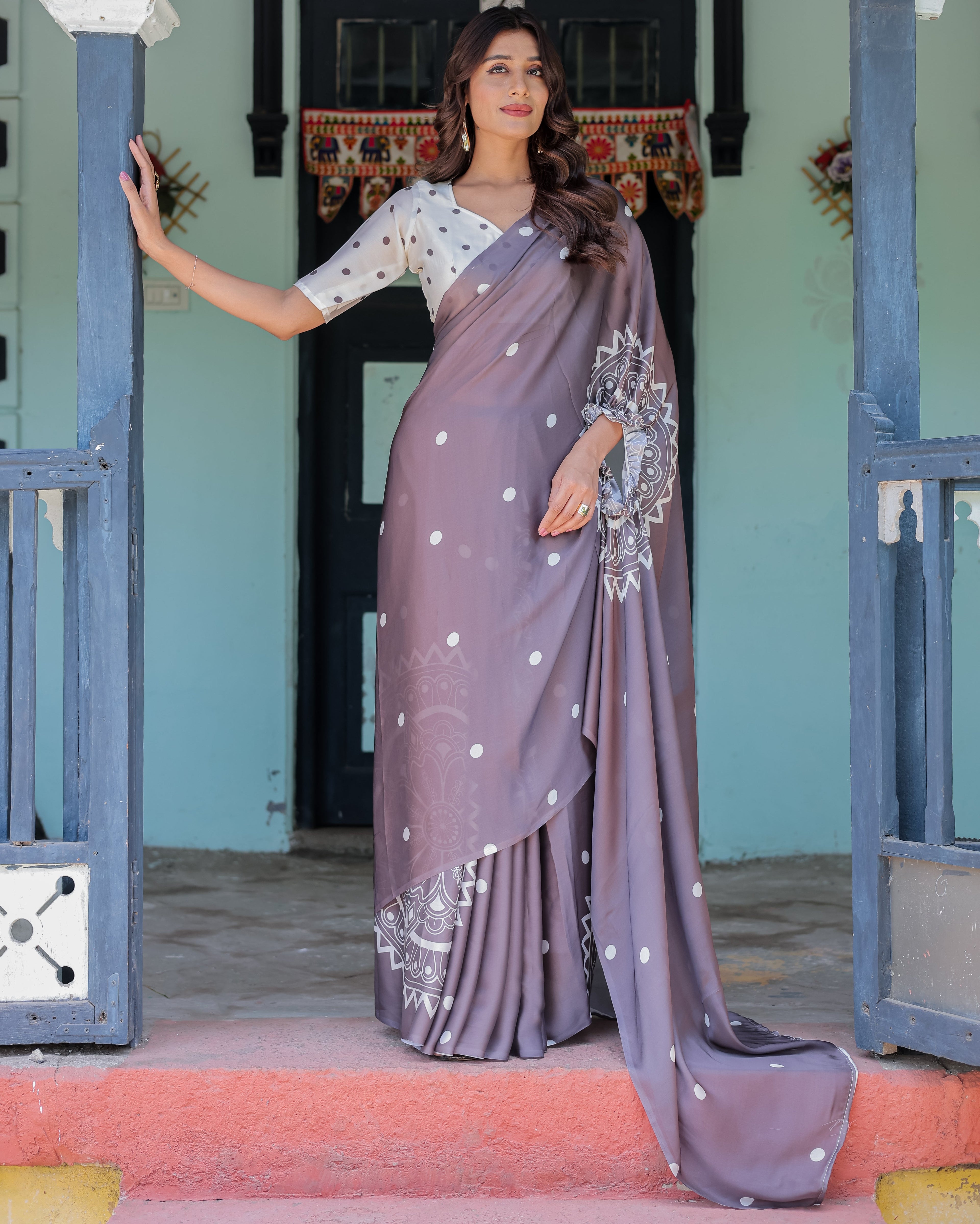 Mocha Beige Satin Georgette Saree with White Polka Dots & Mandala Pallu | Designer Freehand Saree with Handsfree Pallu Loop