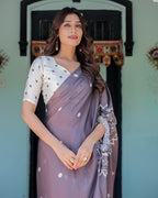 Mocha Beige Satin Georgette Saree with White Polka Dots & Mandala Pallu | Designer Freehand Saree with Handsfree Pallu Loop