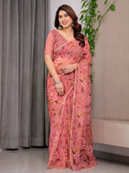 Dusty Rose Floral Printed Organza Saree | Designer Soft Sheer Organza Saree with Large Blossom Prints & Matching Blouse Piece | Elegant Party & Festive Wear Saree