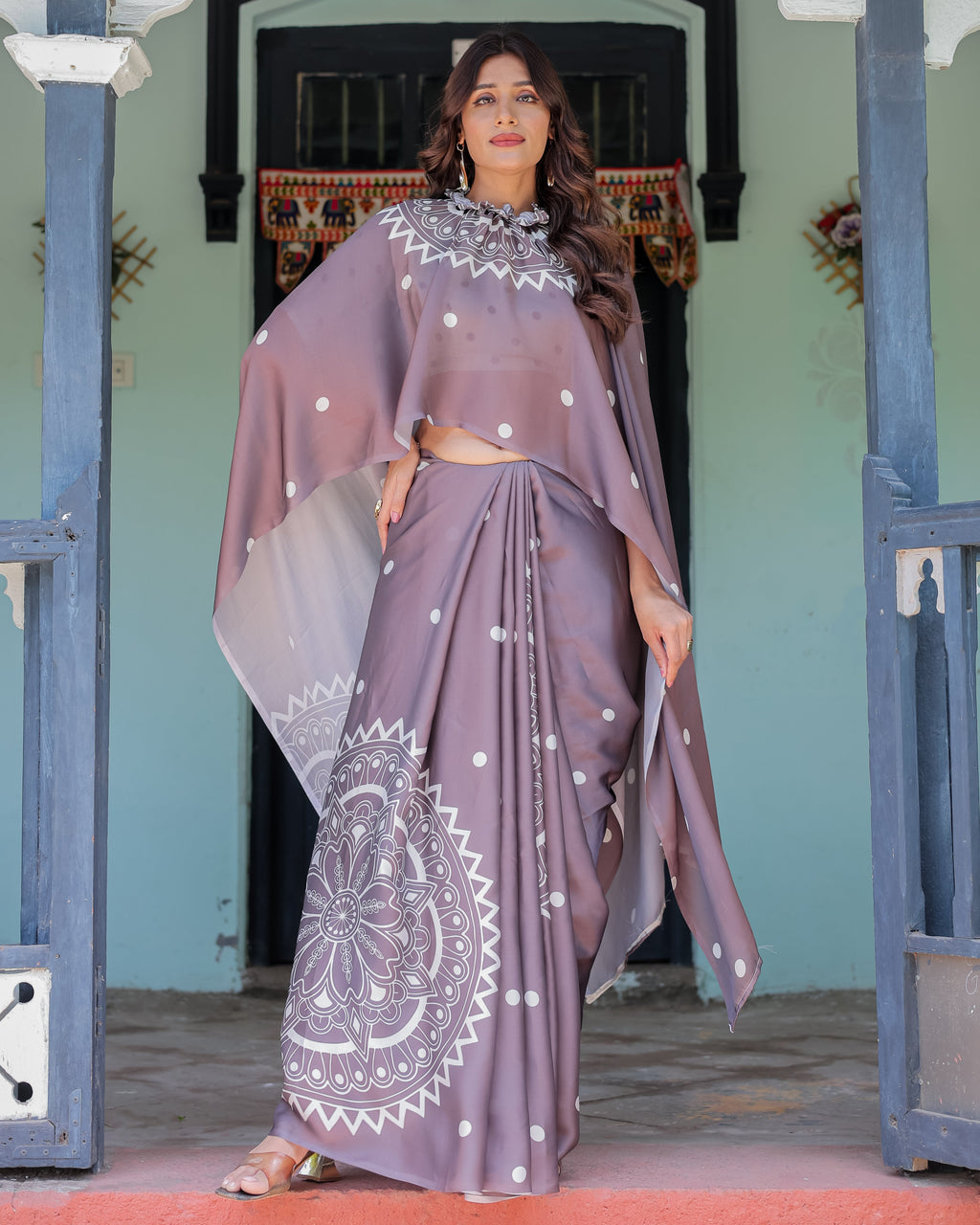 Mocha Beige Satin Georgette Saree with White Polka Dots & Mandala Pallu | Designer Freehand Saree with Handsfree Pallu Loop