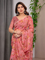 Dusty Rose Floral Printed Organza Saree | Designer Soft Sheer Organza Saree with Large Blossom Prints & Matching Blouse Piece | Elegant Party & Festive Wear Saree