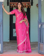 Vibrant Rani Pink Freehand Floral Printed Saree in Satin Georgette with Ivory Border & Designer Blouse | 5.5m Saree + 0.8m Blouse Piece