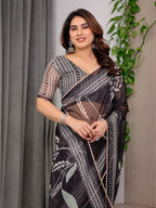 Elegant Black Floral Printed Organza Saree with Intricate Ethnic Border & Multicolour Lace Edges | Lightweight Designer Organza Saree with Attached Blouse Piece | Festive & Party Wear Saree