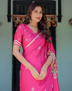 Vibrant Rani Pink Freehand Floral Printed Saree in Satin Georgette with Ivory Border & Designer Blouse | 5.5m Saree + 0.8m Blouse Piece