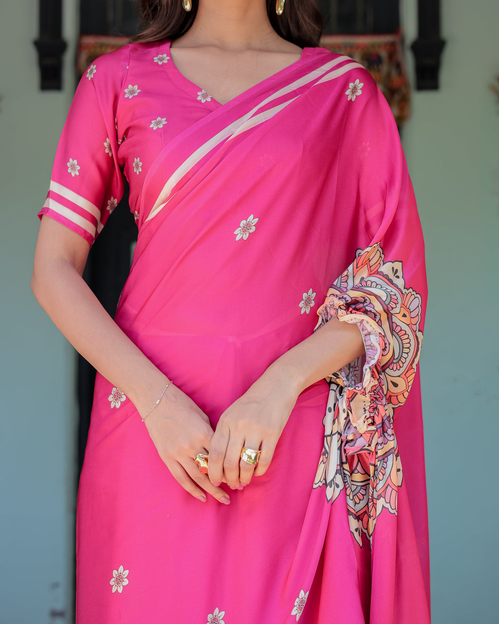 Vibrant Rani Pink Freehand Floral Printed Saree in Satin Georgette with Ivory Border & Designer Blouse | 5.5m Saree + 0.8m Blouse Piece