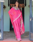 Vibrant Rani Pink Freehand Floral Printed Saree in Satin Georgette with Ivory Border & Designer Blouse | 5.5m Saree + 0.8m Blouse Piece
