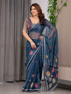Navy Blue Printed Organza Saree with Geometric Motifs & Multicolour Lace Border | Designer Lightweight Organza Saree with Attached Blouse Piece | Elegant Festive & Party Wear Saree