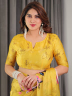 Sunshine Yellow Floral Satin Georgette Saree with Multicolor Watercolour Flowers & Designer Back-Knot Blouse