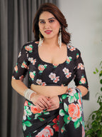 Black Floral Satin Georgette Saree with Multicolor Rose Print & Designer Tie-Back Blouse – Premium Soft Draping Saree