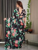 Black Floral Satin Georgette Saree with Multicolor Rose Print & Designer Tie-Back Blouse – Premium Soft Draping Saree