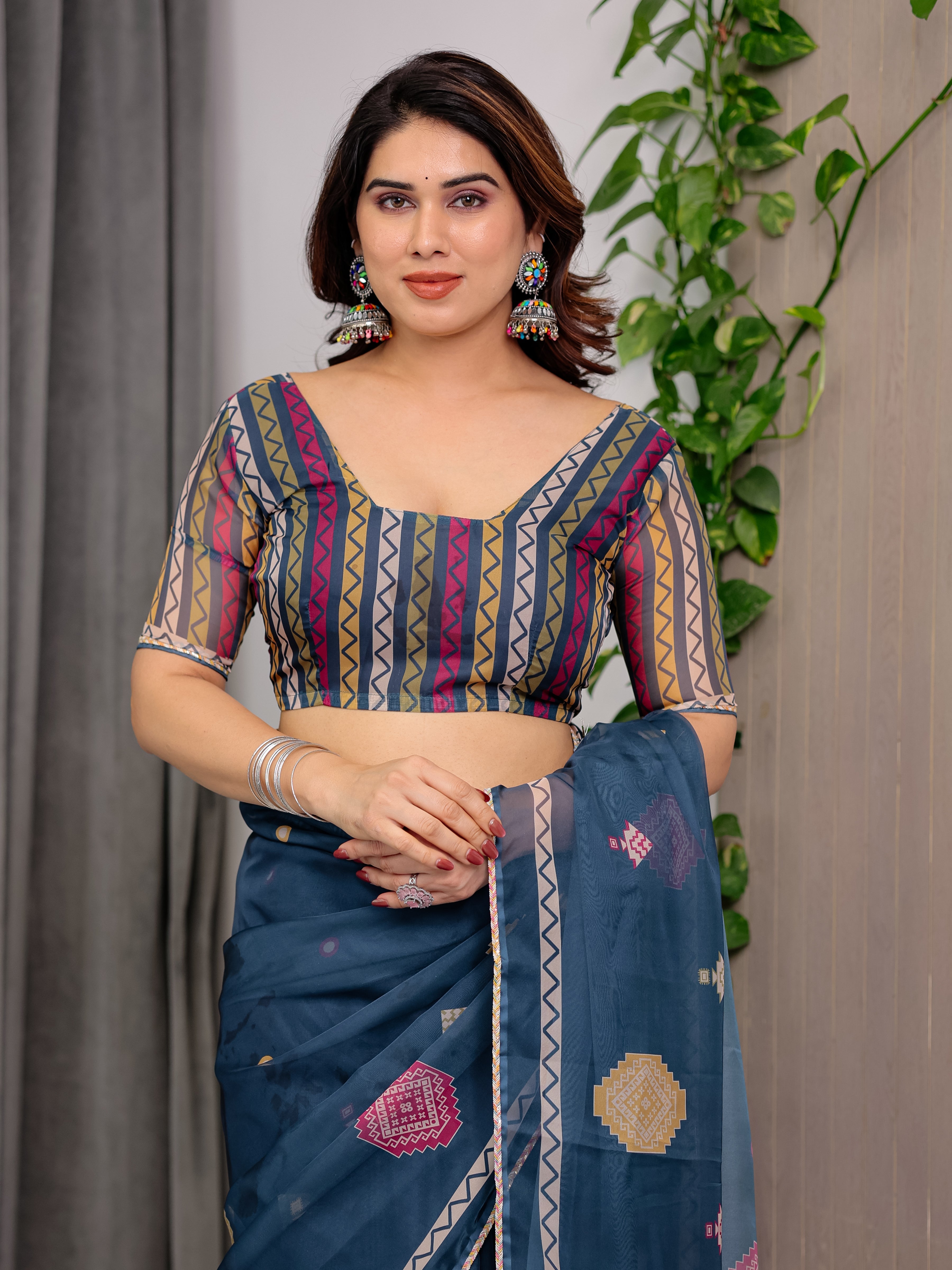 Navy Blue Printed Organza Saree with Geometric Motifs & Multicolour Lace Border | Designer Lightweight Organza Saree with Attached Blouse Piece | Elegant Festive & Party Wear Saree