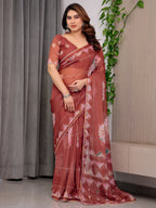 Rust Terracotta Printed Organza Saree with Mandala Motifs & Geometric Border | Designer Lightweight Organza Saree with Multicolour Lace Edge | Festive & Party Wear Saree