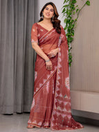 Rust Terracotta Printed Organza Saree with Mandala Motifs & Geometric Border | Designer Lightweight Organza Saree with Multicolour Lace Edge | Festive & Party Wear Saree