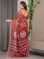 Rust Terracotta Printed Organza Saree with Mandala Motifs & Geometric Border | Designer Lightweight Organza Saree with Multicolour Lace Edge | Festive & Party Wear Saree