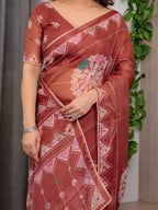 Rust Terracotta Printed Organza Saree with Mandala Motifs & Geometric Border | Designer Lightweight Organza Saree with Multicolour Lace Edge | Festive & Party Wear Saree