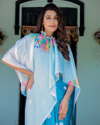 Sky Blue Satin Georgette Polka Dot Saree with Floral Pallu & Teal Blouse | Handsfree Draping Loop