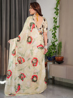 Cream Floral Satin Georgette Saree with Red & Green Artistic Flower Print and Designer Contrast Blouse