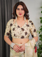 Cream Floral Satin Georgette Saree with Red & Green Artistic Flower Print and Designer Contrast Blouse