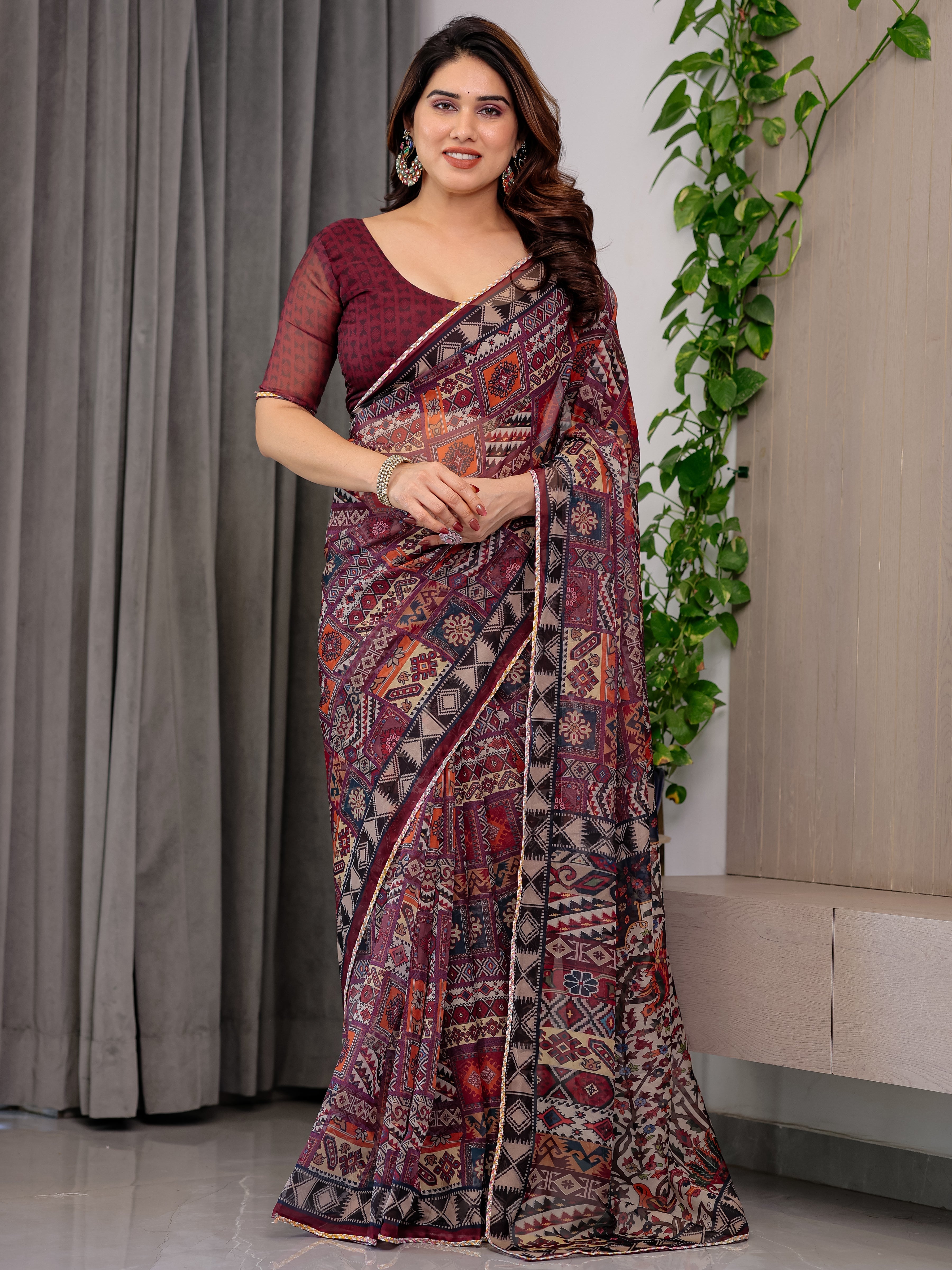 Maroon Tribal Geometric Printed Organza Saree with Kalamkari Inspired Pallu | Designer Ethnic Patchwork Style Organza Saree with Attached Blouse Piece | Festive & Party Wear Saree