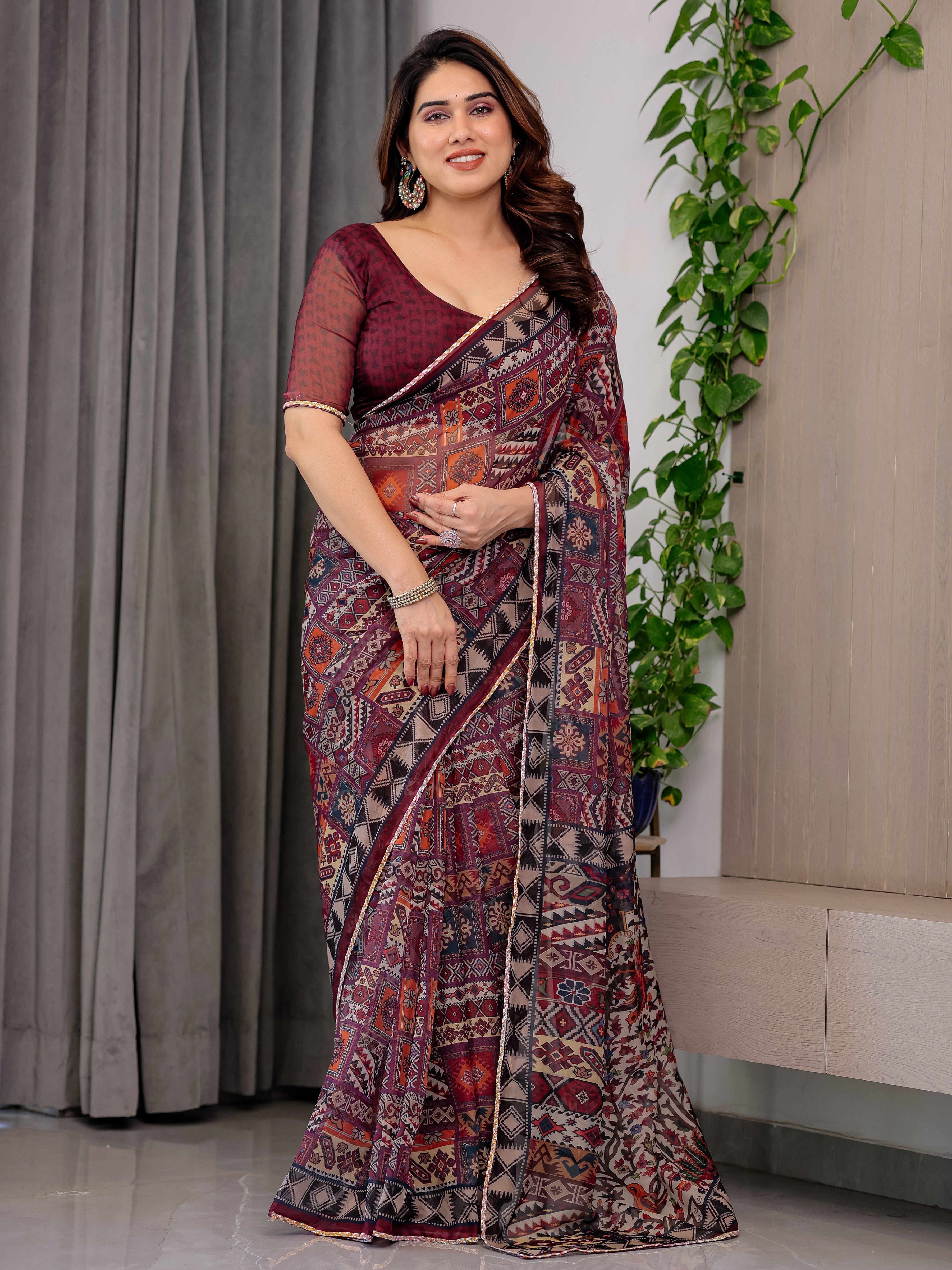 Maroon Tribal Geometric Printed Organza Saree with Kalamkari Inspired Pallu | Designer Ethnic Patchwork Style Organza Saree with Attached Blouse Piece | Festive & Party Wear Saree