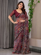 Maroon Tribal Geometric Printed Organza Saree with Kalamkari Inspired Pallu | Designer Ethnic Patchwork Style Organza Saree with Attached Blouse Piece | Festive & Party Wear Saree