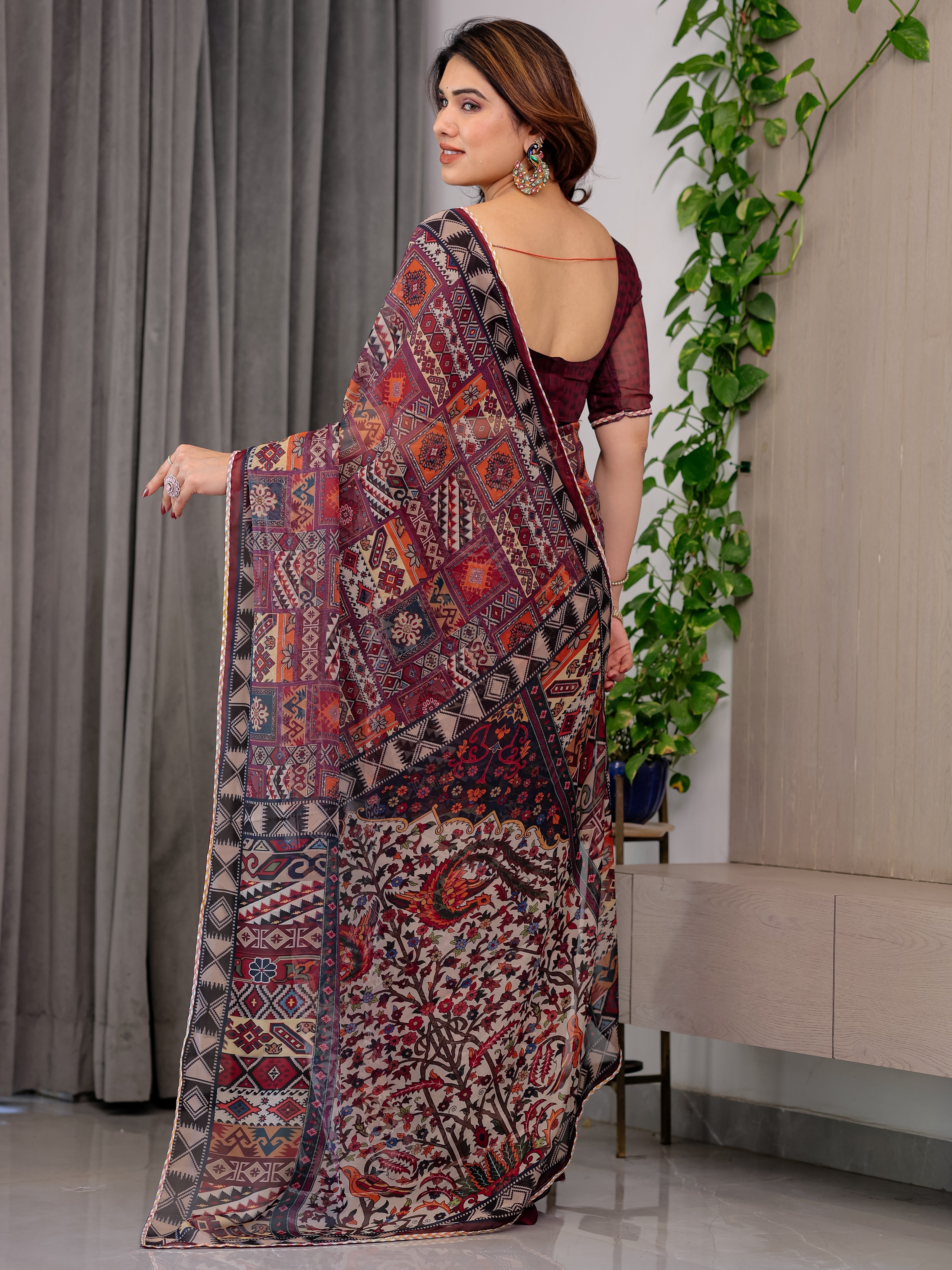 Maroon Tribal Geometric Printed Organza Saree with Kalamkari Inspired Pallu | Designer Ethnic Patchwork Style Organza Saree with Attached Blouse Piece | Festive & Party Wear Saree