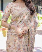 Ivory Cream Handloom Cotton Saree with Peacock & Floral Digital Print