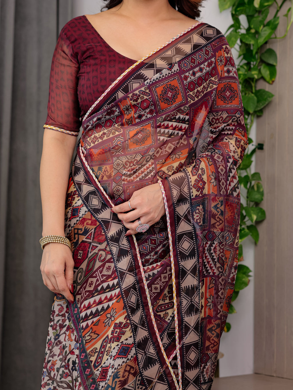 Maroon Tribal Geometric Printed Organza Saree with Kalamkari Inspired Pallu | Designer Ethnic Patchwork Style Organza Saree with Attached Blouse Piece | Festive & Party Wear Saree