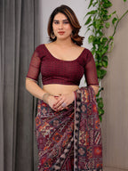 Maroon Tribal Geometric Printed Organza Saree with Kalamkari Inspired Pallu | Designer Ethnic Patchwork Style Organza Saree with Attached Blouse Piece | Festive & Party Wear Saree