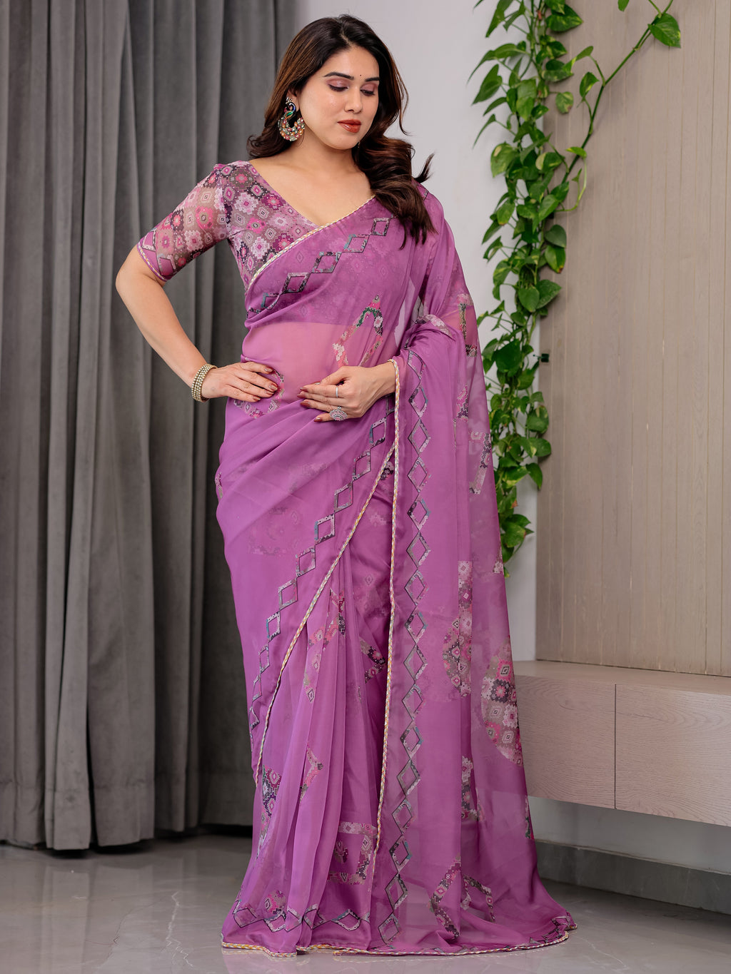 Royal Orchid Pink Printed Organza Saree with Geometric Motif Design & Multicolour Lace Border | Designer Lightweight Organza Saree with Attached Blouse Piece | Elegant Festive Wear Saree