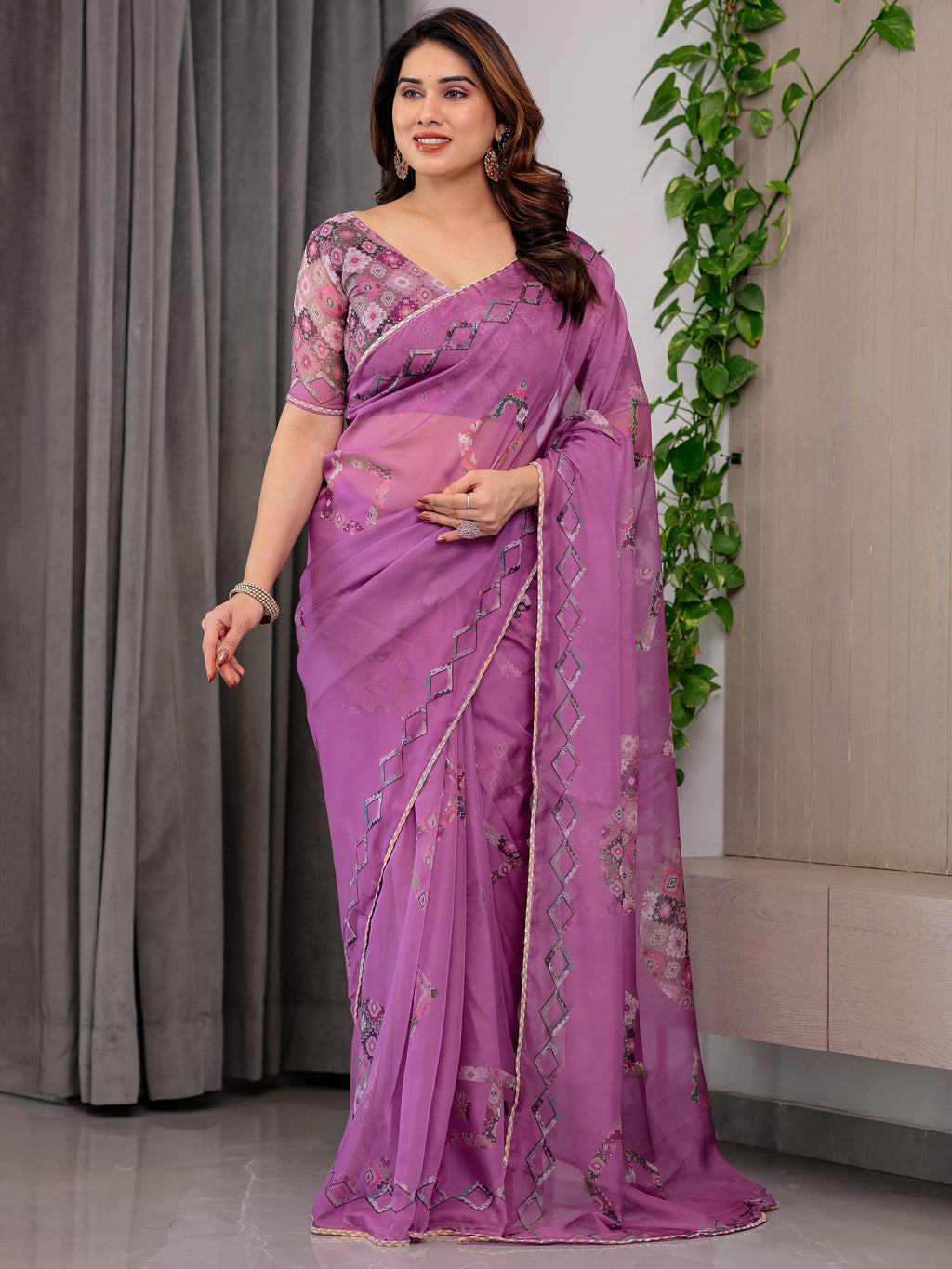Royal Orchid Pink Printed Organza Saree with Geometric Motif Design & Multicolour Lace Border | Designer Lightweight Organza Saree with Attached Blouse Piece | Elegant Festive Wear Saree