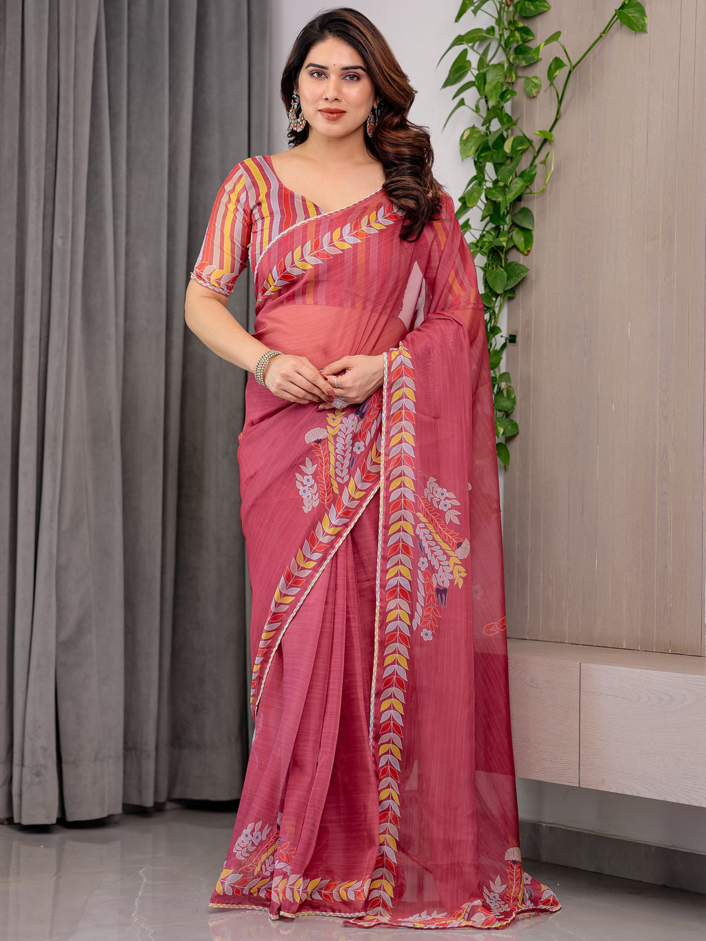 Rose Red Floral Printed Organza Saree with Multicolour Leaf Border | Lightweight Designer Organza Saree with Attached Blouse Piece | Elegant Festive & Party Wear Saree