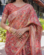 Rust Red Handloom Cotton Saree with Artistic Peacock & Floral Print – Contrast Blouse Included