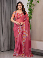 Rose Red Floral Printed Organza Saree with Multicolour Leaf Border | Lightweight Designer Organza Saree with Attached Blouse Piece | Elegant Festive & Party Wear Saree