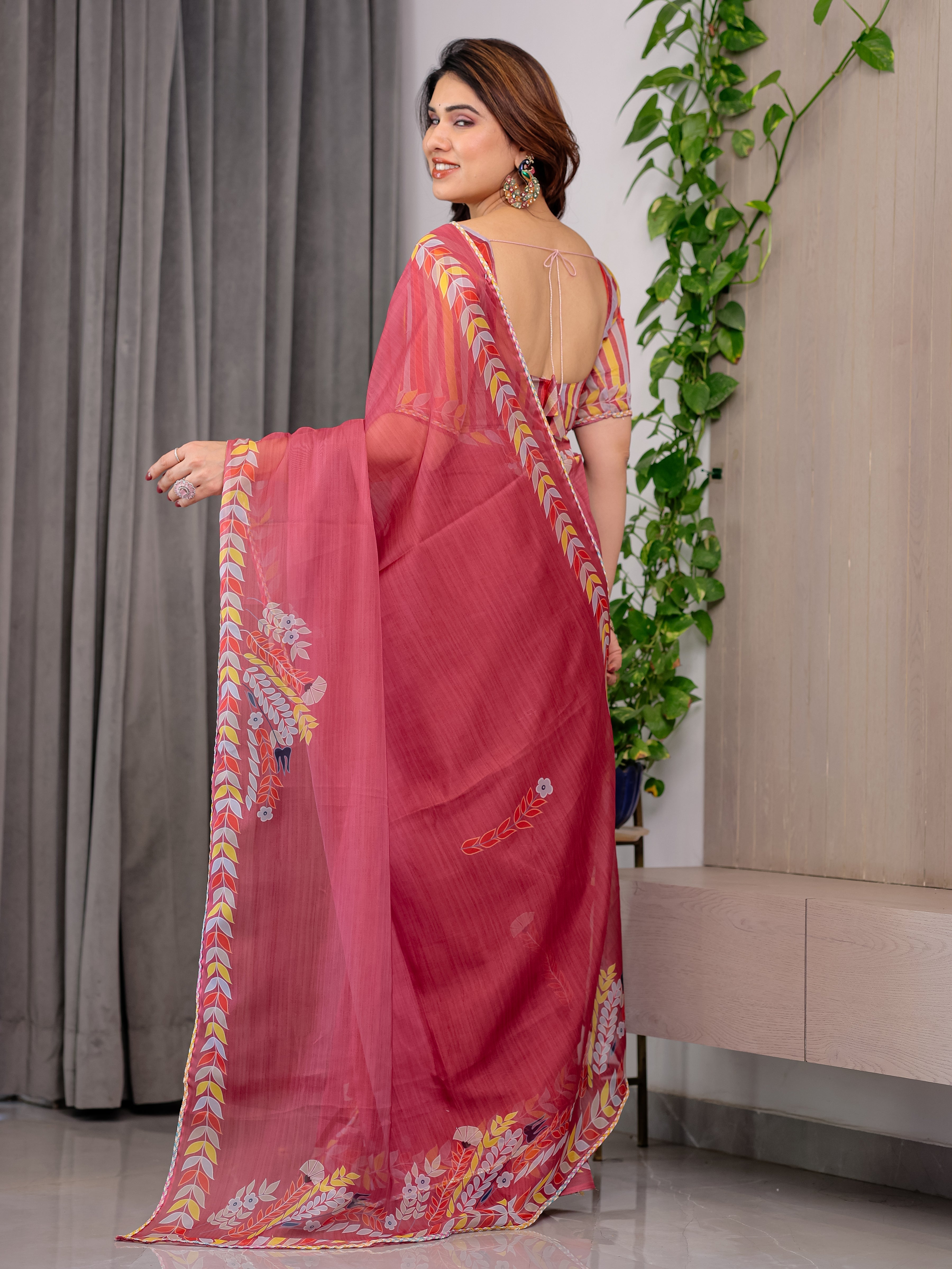 Rose Red Floral Printed Organza Saree with Multicolour Leaf Border | Lightweight Designer Organza Saree with Attached Blouse Piece | Elegant Festive & Party Wear Saree