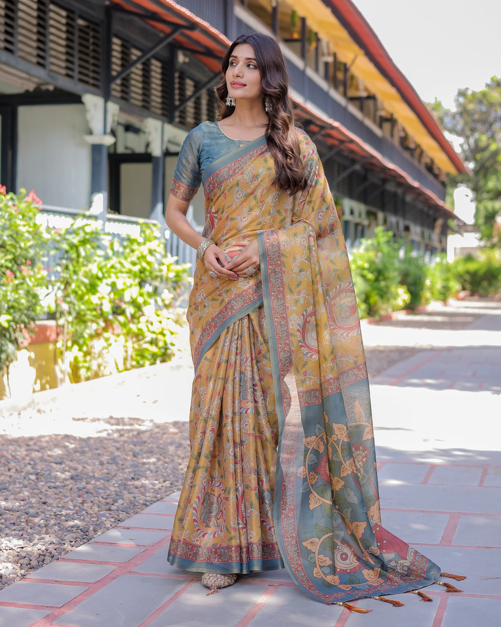 Yellow Handloom Cotton Saree with Intricate Peacock & Floral Art – Contrast Green Pallu