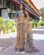 Yellow Handloom Cotton Saree with Intricate Peacock & Floral Art – Contrast Green Pallu