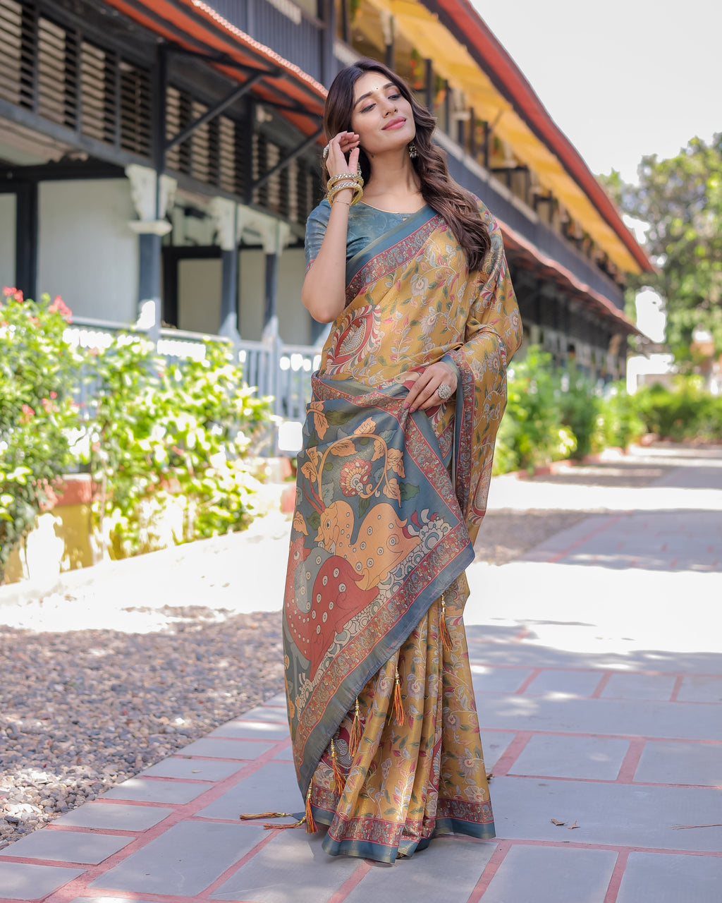 Yellow Handloom Cotton Saree with Intricate Peacock & Floral Art – Contrast Green Pallu