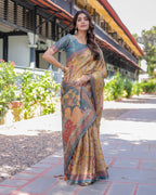 Yellow Handloom Cotton Saree with Intricate Peacock & Floral Art – Contrast Green Pallu