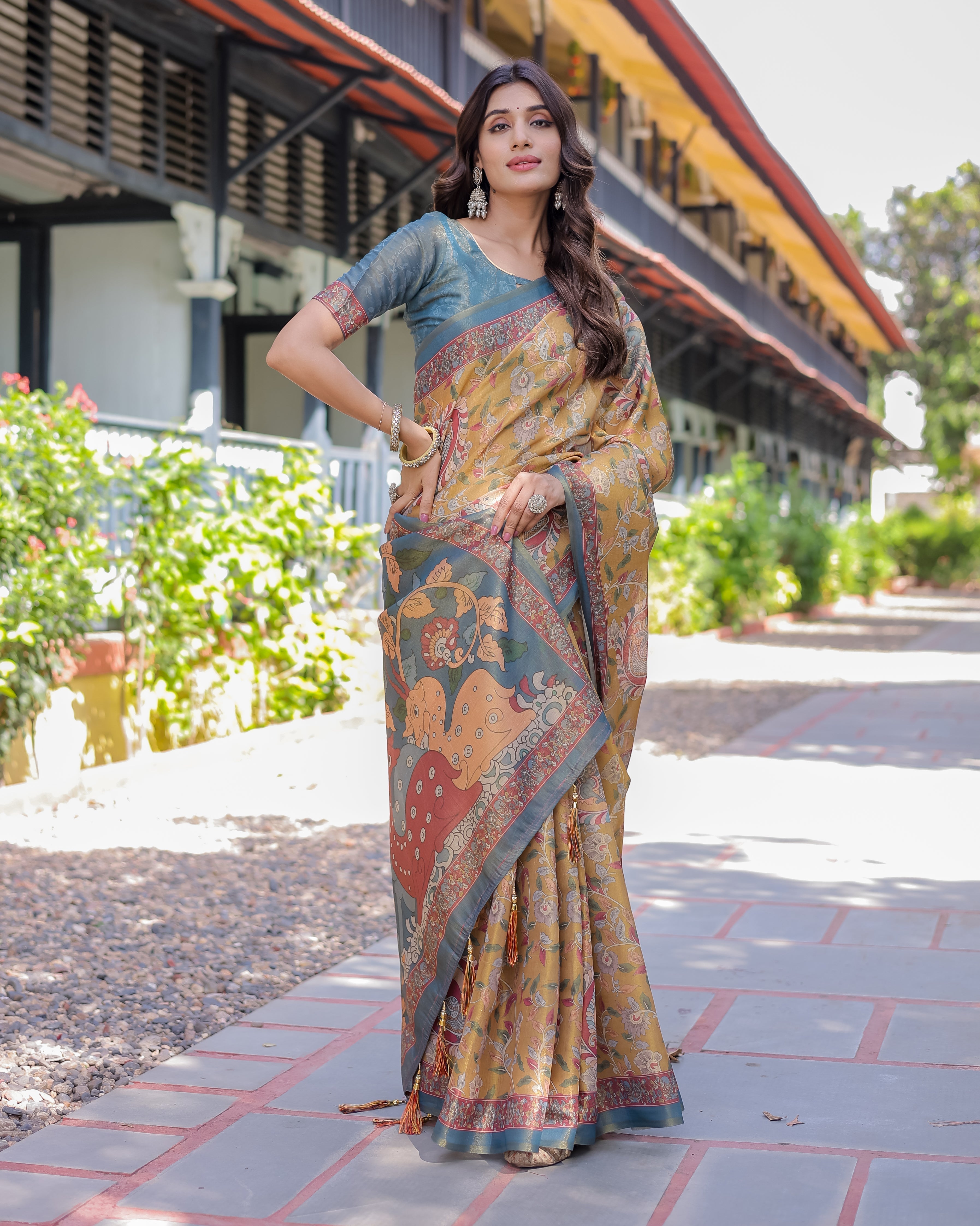 Yellow Handloom Cotton Saree with Intricate Peacock & Floral Art – Contrast Green Pallu