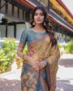 Yellow Handloom Cotton Saree with Intricate Peacock & Floral Art – Contrast Green Pallu
