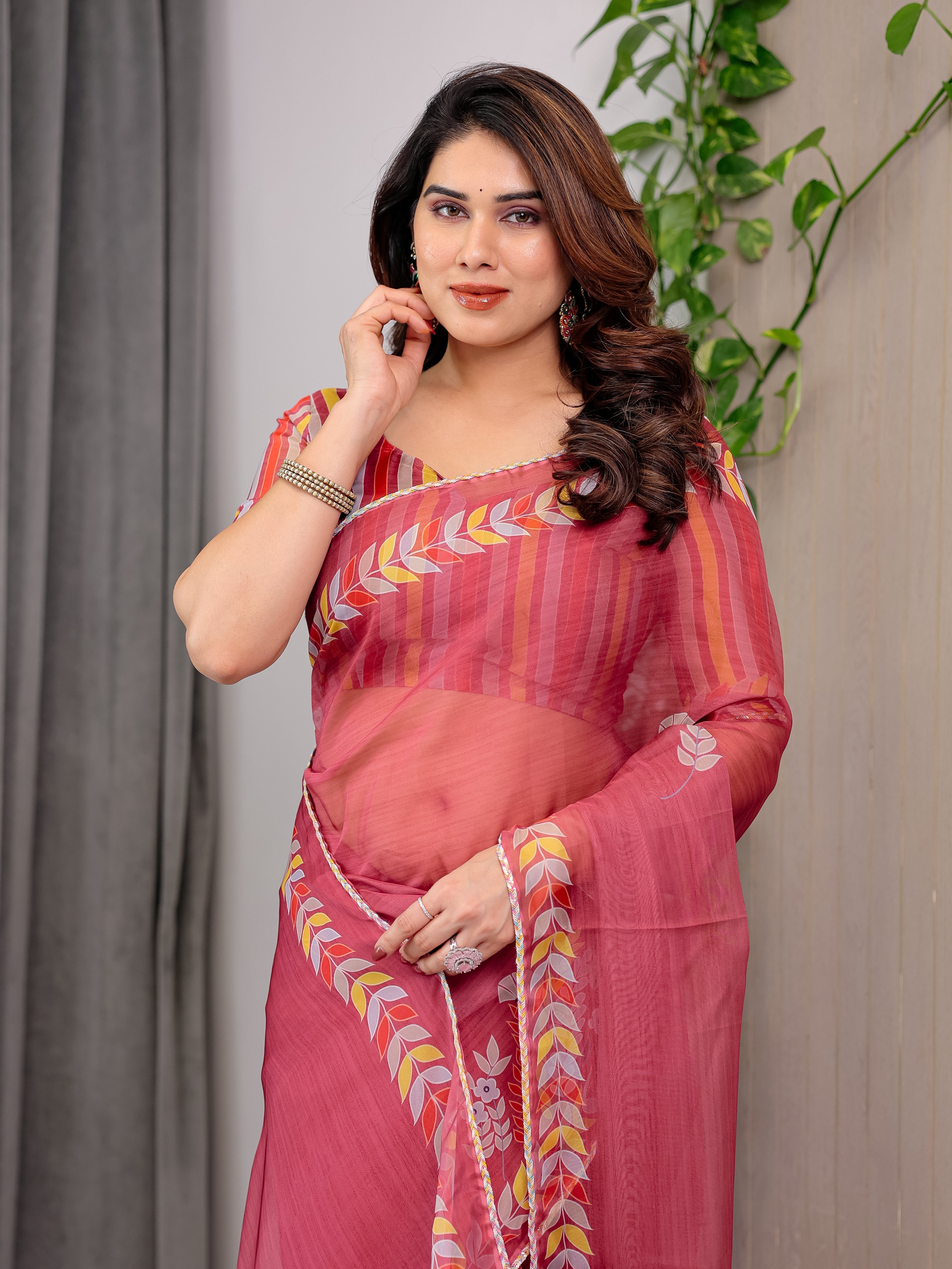 Rose Red Floral Printed Organza Saree with Multicolour Leaf Border | Lightweight Designer Organza Saree with Attached Blouse Piece | Elegant Festive & Party Wear Saree