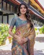 Yellow Handloom Cotton Saree with Intricate Peacock & Floral Art – Contrast Green Pallu