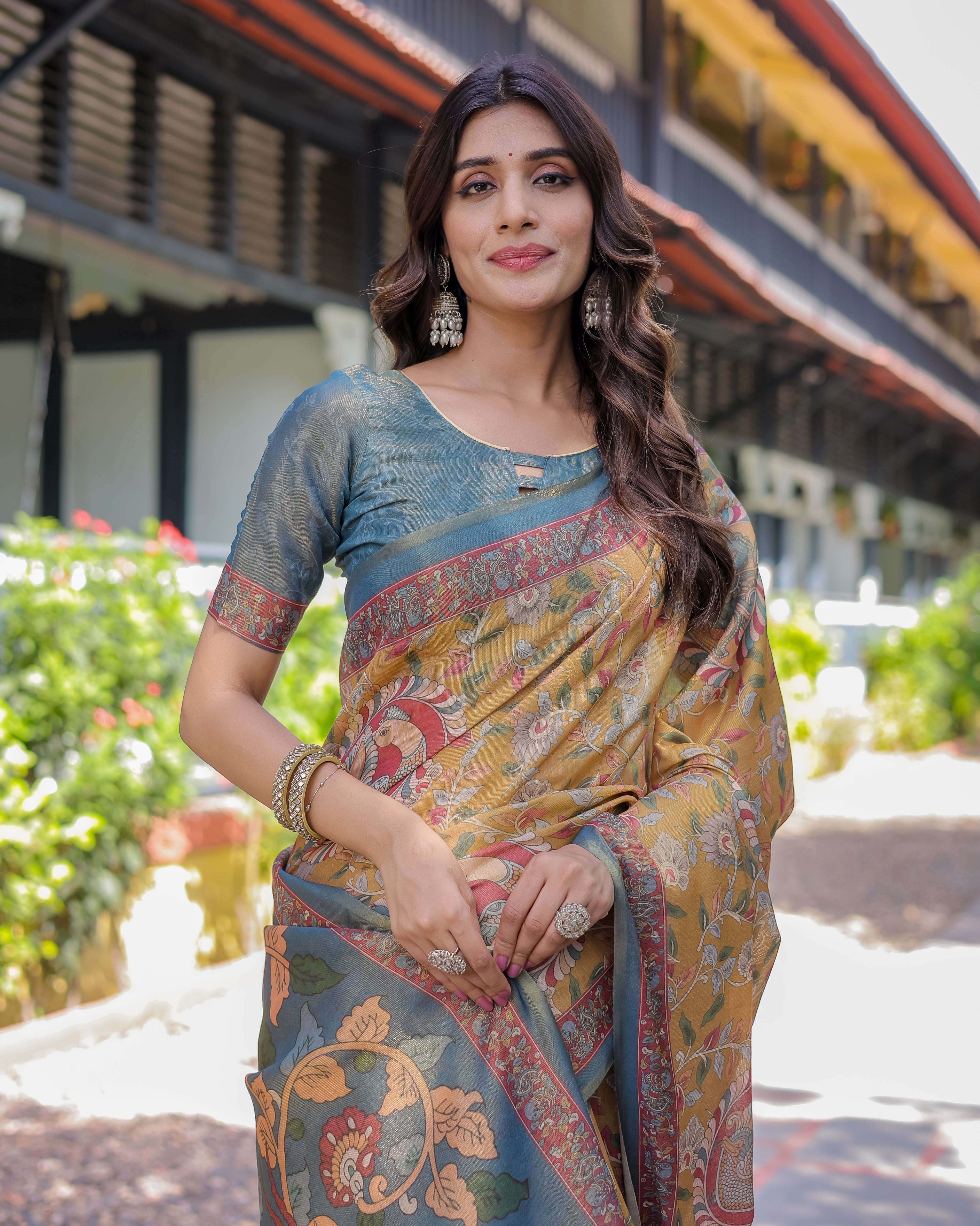 Yellow Handloom Cotton Saree with Intricate Peacock & Floral Art – Contrast Green Pallu
