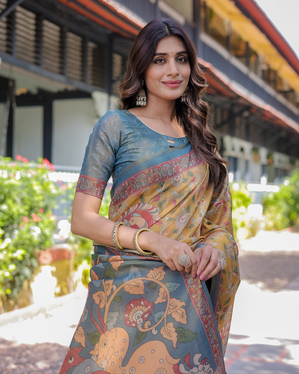 Yellow Handloom Cotton Saree with Intricate Peacock & Floral Art – Contrast Green Pallu