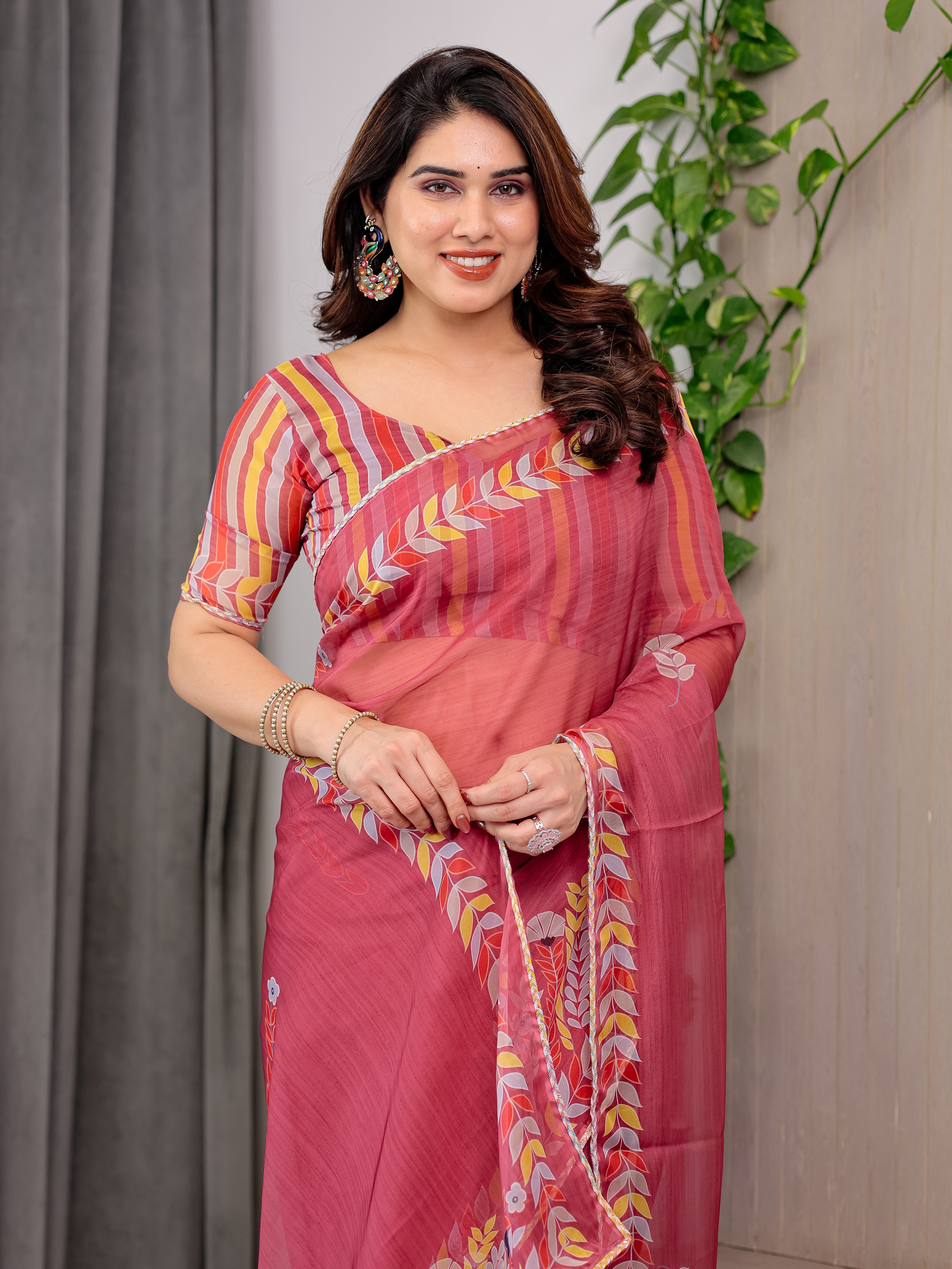 Rose Red Floral Printed Organza Saree with Multicolour Leaf Border | Lightweight Designer Organza Saree with Attached Blouse Piece | Elegant Festive & Party Wear Saree