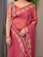 Rose Red Floral Printed Organza Saree with Multicolour Leaf Border | Lightweight Designer Organza Saree with Attached Blouse Piece | Elegant Festive & Party Wear Saree