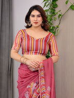 Rose Red Floral Printed Organza Saree with Multicolour Leaf Border | Lightweight Designer Organza Saree with Attached Blouse Piece | Elegant Festive & Party Wear Saree